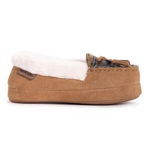 Muk Luks Tan Moccasin Slippers with Plush White Lining